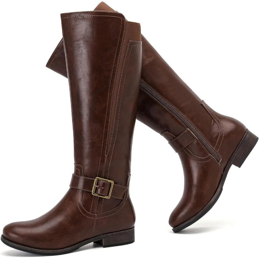 Women's Leather Brown Knee High Flat Tall Stylish Round Toe Winter Casual Boot